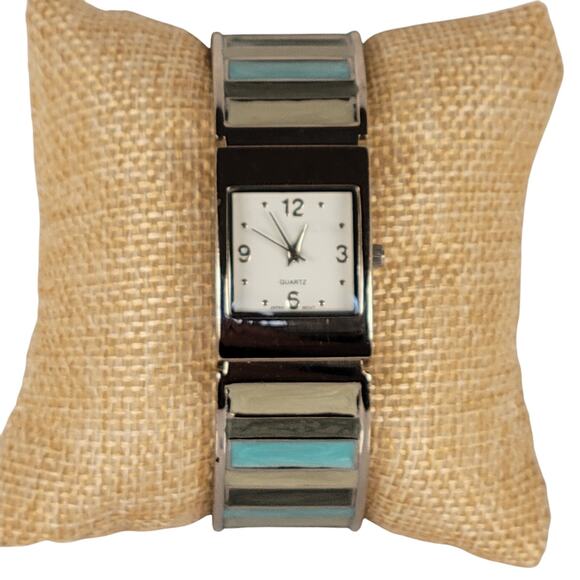 Vintage Quartz Cuff Bracelet Watch Silver Tone Green Tan Turquoise Accents - Picture 1 of 16